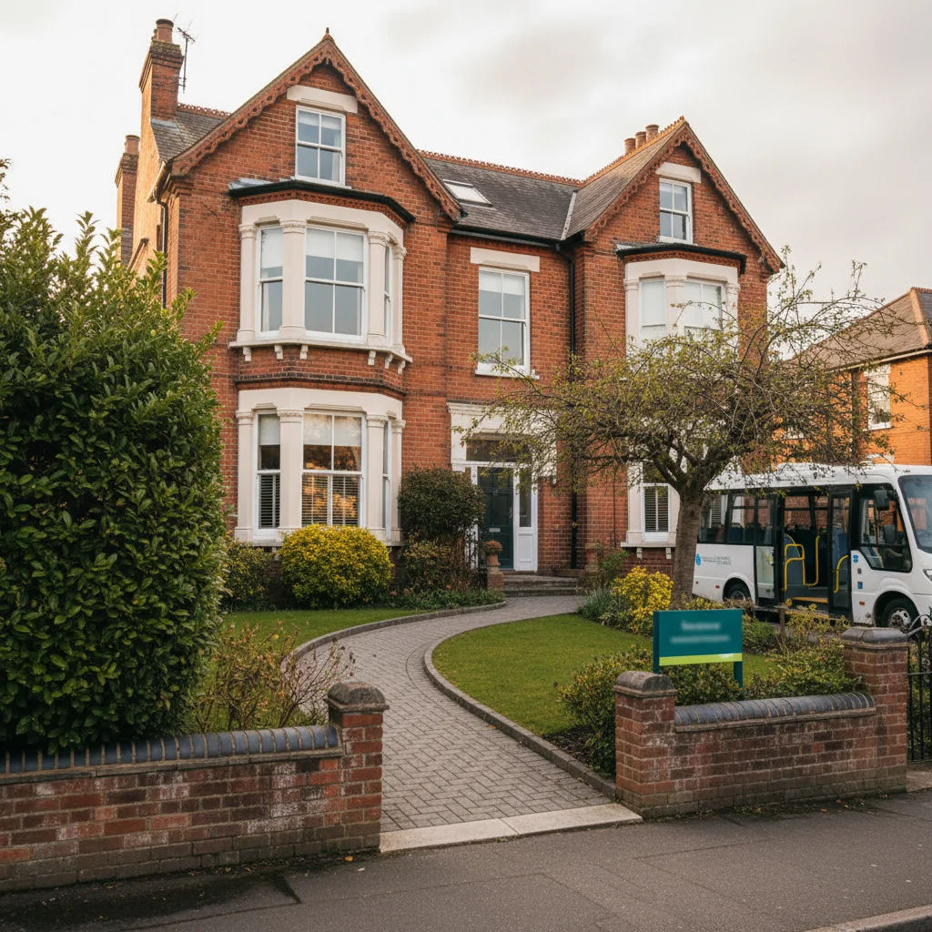 A handsome converted red-brick rehabilitation home with an accessible ramped garden path